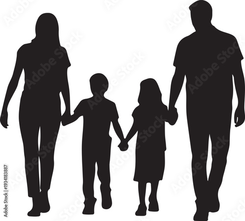 Black silhouette of family with two children holding hands 4