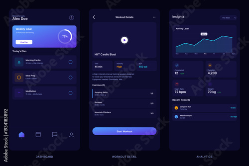 Three mobile app screens showing a fitness dashboard, workout details, and health analytics in a dark mode interface with blue and purple gradients and data visualization charts.