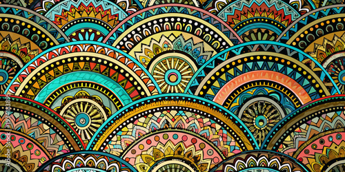 Intricate mandala pattern with colorful arcs and detailed ornamental designs