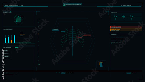 Futuristic medical diagnostic interface showing a skeletal scan with a fracture alert, biometric telemetry, cardiac rhythm, and system status logs on a dark digital screen.