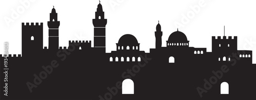 Black silhouette illustration of ancient city skyline with towers domes walls vector