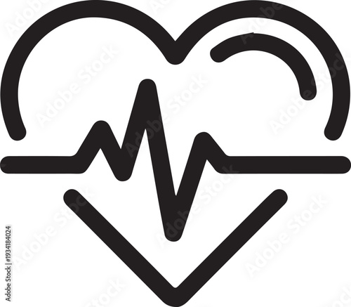 A black outline heart icon features a prominent electrocardiogram pulse line, symbolizing health, cardiology, and vital signs for medical or fitness applications.
