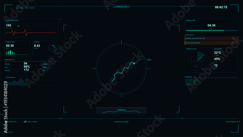 This futuristic digital fitness dashboard displays real-time biometric data, heart rate monitoring, GPS tracking, and environmental statistics on a dark technical interface.
