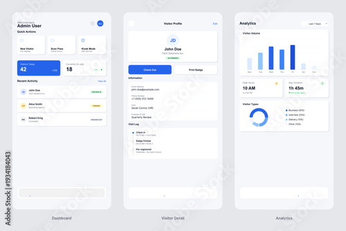 Three mobile app interface screens displaying a visitor management system with a dashboard, detailed profile view, and analytics charts in a clean blue and white design.