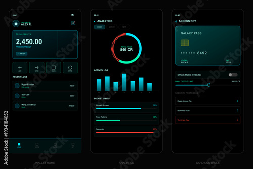 Three mobile app screens showing a futuristic dark user interface for a digital wallet with financial analytics, transaction logs, and security controls in a neon style.