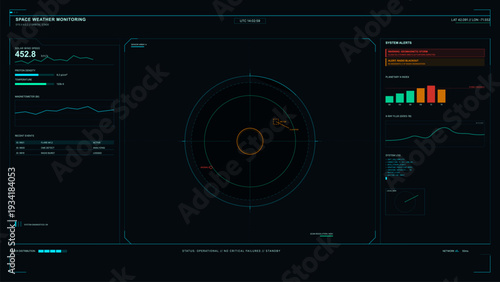 A futuristic space weather monitoring dashboard displays real-time data including solar wind speed, geomagnetic storm alerts, and planetary K-index on a dark digital interface.