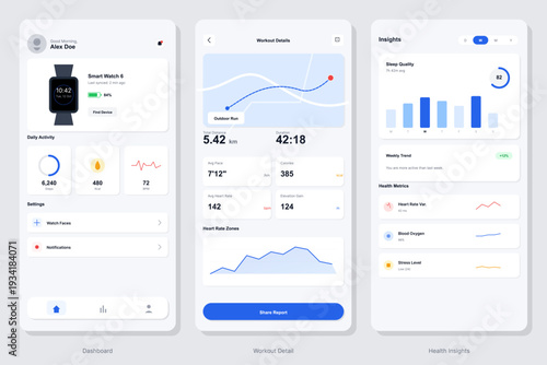 Three mobile application screens showing a fitness tracker dashboard, workout details with a map, and health insights including sleep quality and heart rate metrics on a white background.