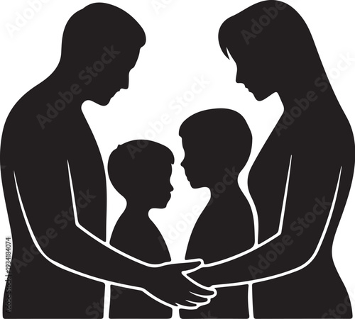 Black silhouette of family with two children holding hands