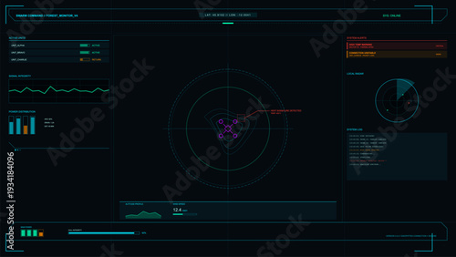 A futuristic digital interface displays a drone swarm command center with radar tracking, system alerts, power distribution, and environmental data for forest monitoring.