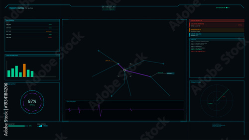 A futuristic digital dashboard displays transit control data including unit status, power output, and a network map with real-time system alerts on a dark interface.