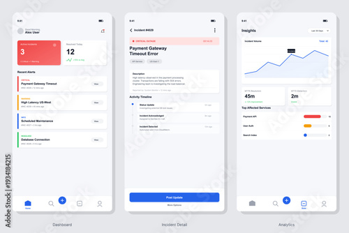A set of three mobile user interface screens displaying a system monitoring dashboard, incident details with a timeline, and performance analytics with data visualizations.