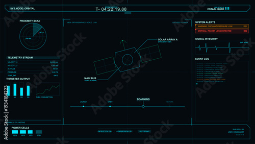 A futuristic digital interface displays satellite telemetry, mission clock, and system alerts. The technical dashboard features a proximity scan, signal integrity, and power cell status.