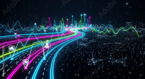 Vibrant digital landscape with glowing neon lines and data visualization elements