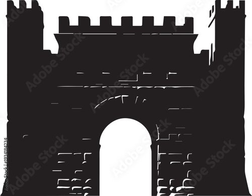 Medieval castle gate silhouette vector illustration with battlements and fortified stone walls line art