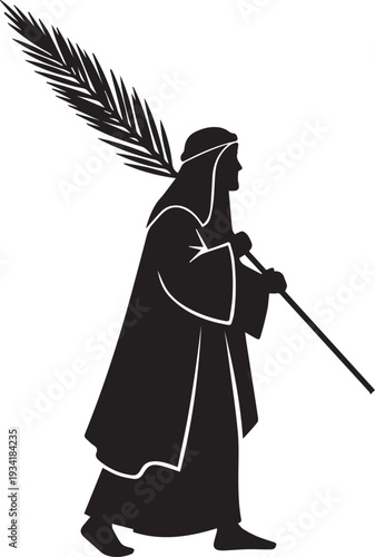 Man with palm frond silhouette vector illustration, traditional attire line art