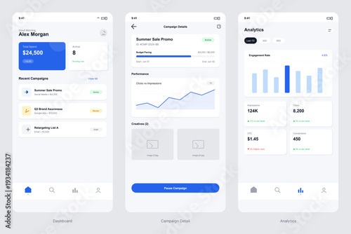 Three mobile app interface screens showing a marketing dashboard, campaign details with performance graphs, and detailed analytics for digital advertising management on a white background.