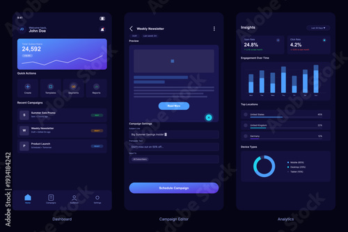 Three mobile app screens display a marketing dashboard, campaign editor, and analytics data in a dark mode interface with blue and purple gradients and various data visualizations.