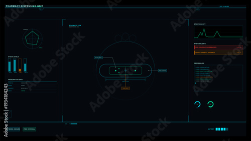 A futuristic digital interface for a pharmacy dispensing unit displays a schematic view of a capsule along with stock levels, prescription data, and system alerts on a dark screen.