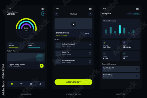 Three mobile app screens displaying a fitness tracker interface with a dashboard, workout details, and analytics charts in a dark theme with vibrant neon accents.