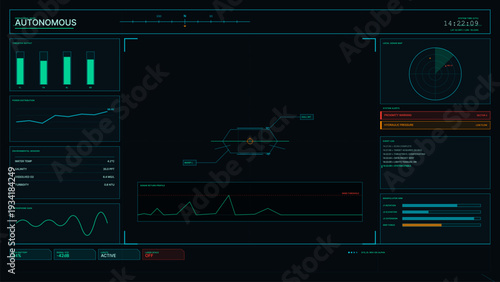 A futuristic digital interface for an autonomous underwater vehicle displays sonar maps, thruster output, environmental sensor data, and system alerts on a dark screen.