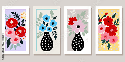 Four framed botanical art prints with stylized floral arrangements