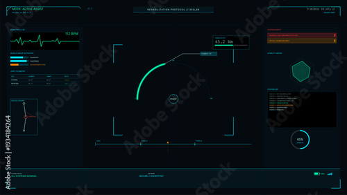 A futuristic medical HUD interface displays rehabilitation protocol data including heart rate, muscle activation, joint telemetry, and skeletal tracking on a dark digital screen.