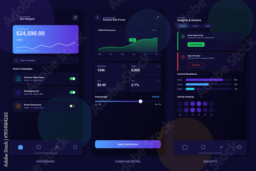 Three mobile application screens displaying a marketing analytics dashboard with dark mode design, featuring data visualizations, campaign performance metrics, and financial insights.