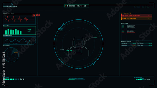 A futuristic heads-up display interface showing biometric data, oxygen levels, and system alerts for a space simulation. The dark screen features cyan graphics and red warning indicators.
