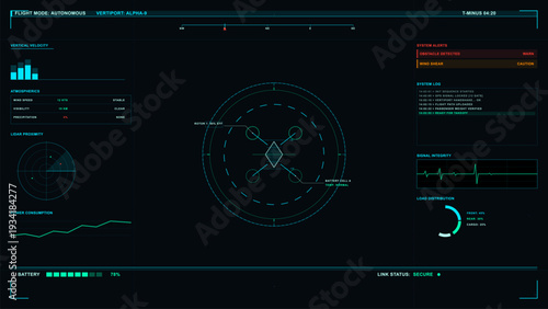 A futuristic digital flight interface displays autonomous drone telemetry data including battery levels, atmospheric conditions, system alerts, and a central navigation radar.