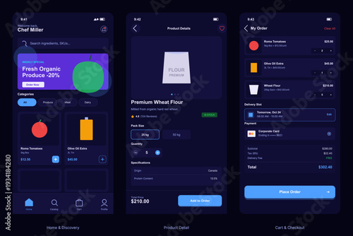 Three mobile screens showing a dark mode grocery app interface for professional chefs, including a home page, product details for flour, and a final checkout cart summary.