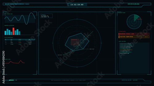 A futuristic digital interface displays system diagnostics, including CPU load, memory allocation, and a central radar map with a restricted area and real-time system alerts.