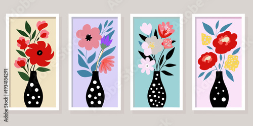 Four framed botanical illustrations of flowers in black vases