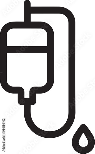A medical intravenous drip icon, presented as a black outline illustration, shows an IV bag connected to a tube with a single drop of fluid at the end, symbolizing healthcare, treatment, and medical.