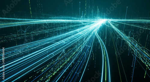 Vibrant digital network connections speeding through cyberspace