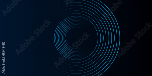 Blue abstract background with glowing circles. Swirl circular lines pattern. Geometric spiral. Twirl element. Modern graphic design. Futuristic technology concept.