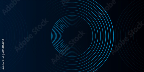 Blue abstract background with glowing circles. Swirl circular lines pattern. Geometric spiral. Twirl element. Modern graphic design. Futuristic technology concept.