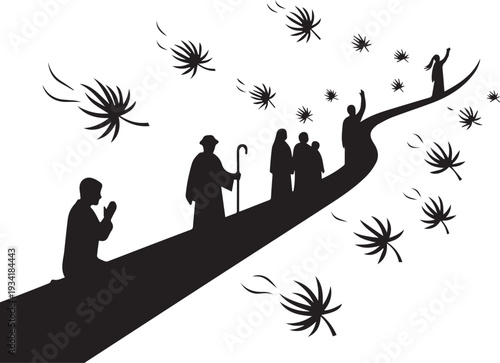 Silhouette of pilgrimage group walking on path, vector illustration, journey art