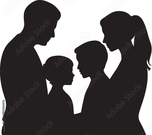 Black silhouette of family with two children white background 3