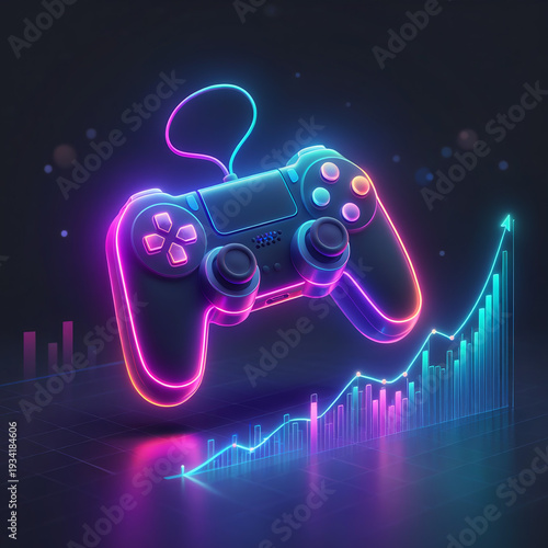 Industry growth in gaming represented by controller and rising graph line for market trends and future potential