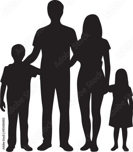 Black silhouette of family with two children white background 9
