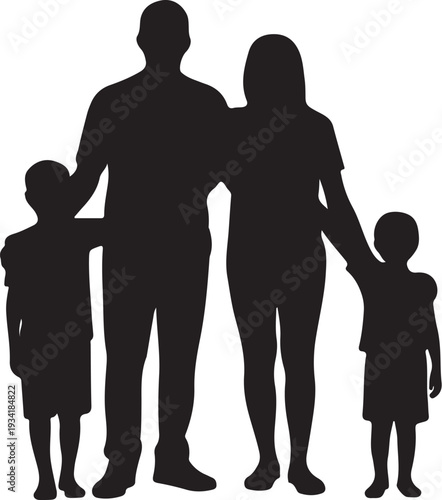 Black silhouette of family with two children white background 8