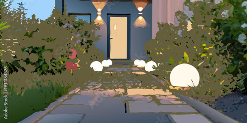 A stylized illustration of a home s entrance with glowing orbs and rabbits