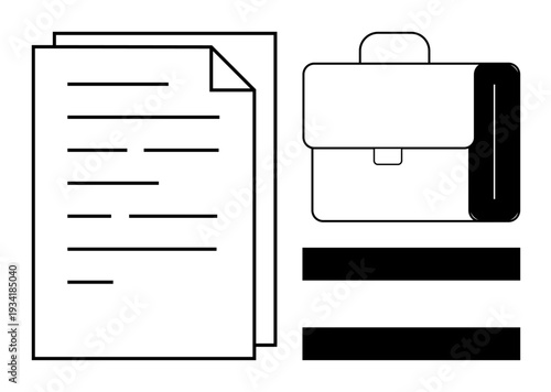 Stacked papers, classic briefcase, and horizontal bars emphasize office productivity, structured work, and planning. Ideal for business, organization, management, paperwork report career