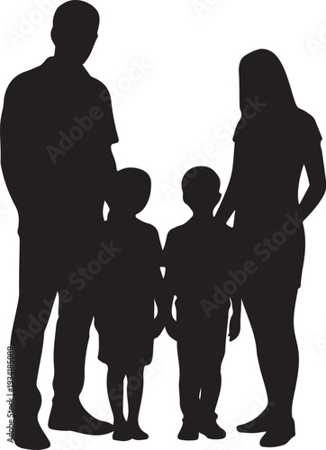 Black silhouette of family with two children white background 12