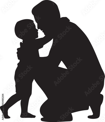 Black silhouette of kissing child on cheek white background