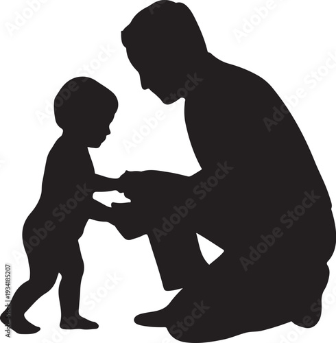 Black silhouette of helping toddler walk white background