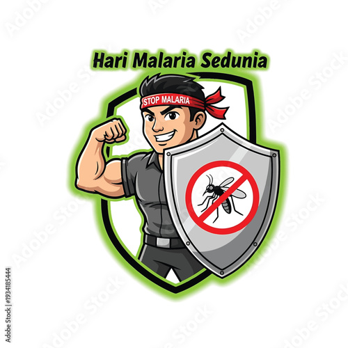 Muscular superhero with shield and mosquito repellant for anti malaria campaign