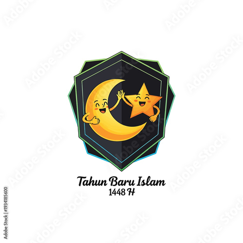 Moon and Star Mascots Celebration Emblem