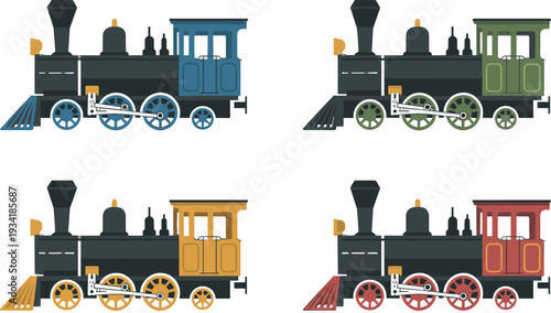 Colorful Retro Steam Engine Locomotives Collection with Various Colors for Transportation and Railway Design Concept Illustration