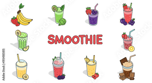 A vibrant assortment of refreshing smoothie illustrations with various fruit combinations and